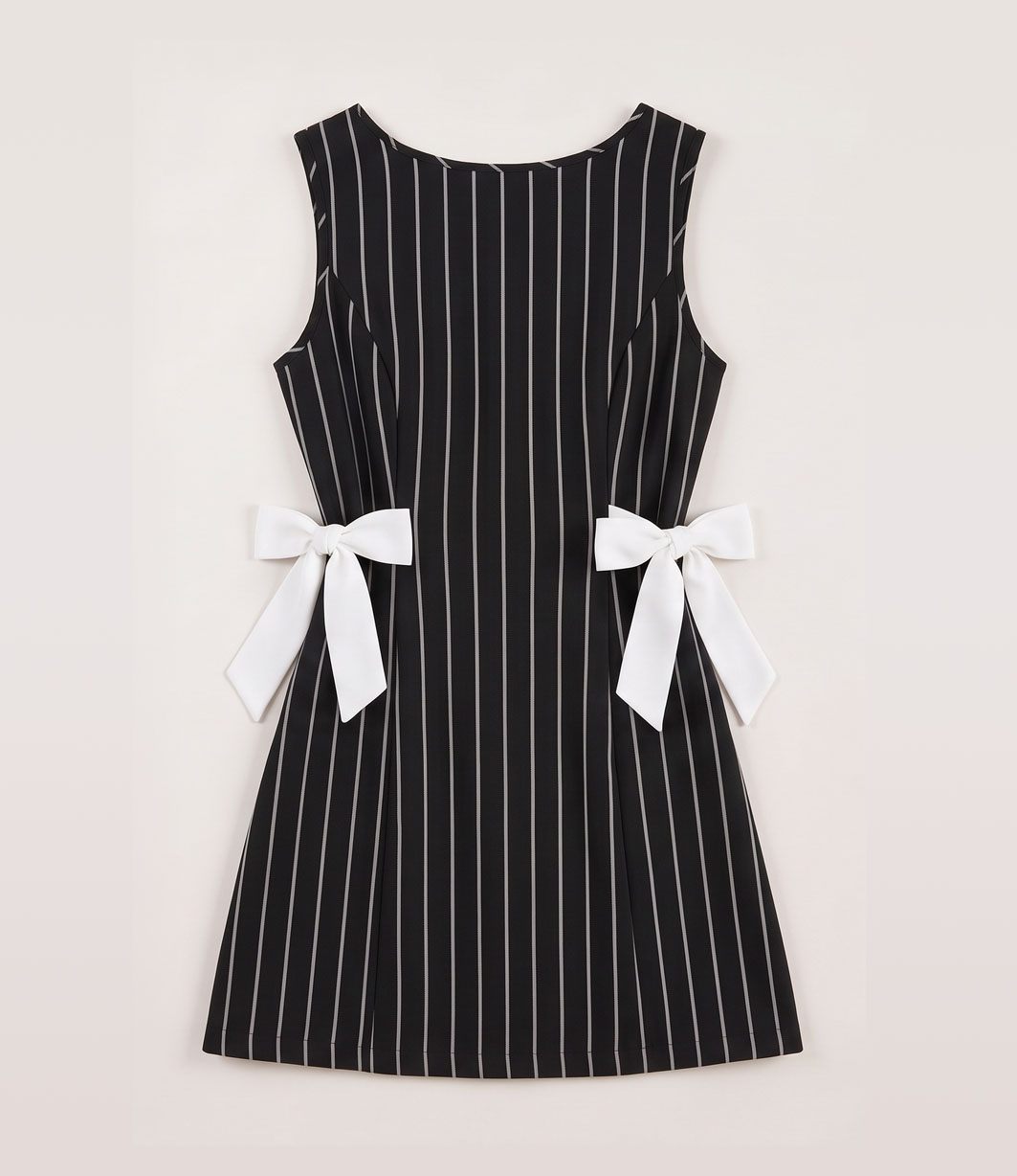 View Pinstripe Bow-Waist Mini Dress image 5