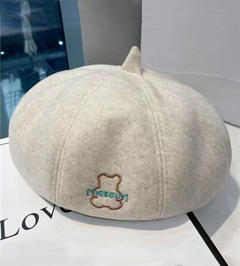 View Bear Embroidered Wool Octagonal Painter Beret image 5