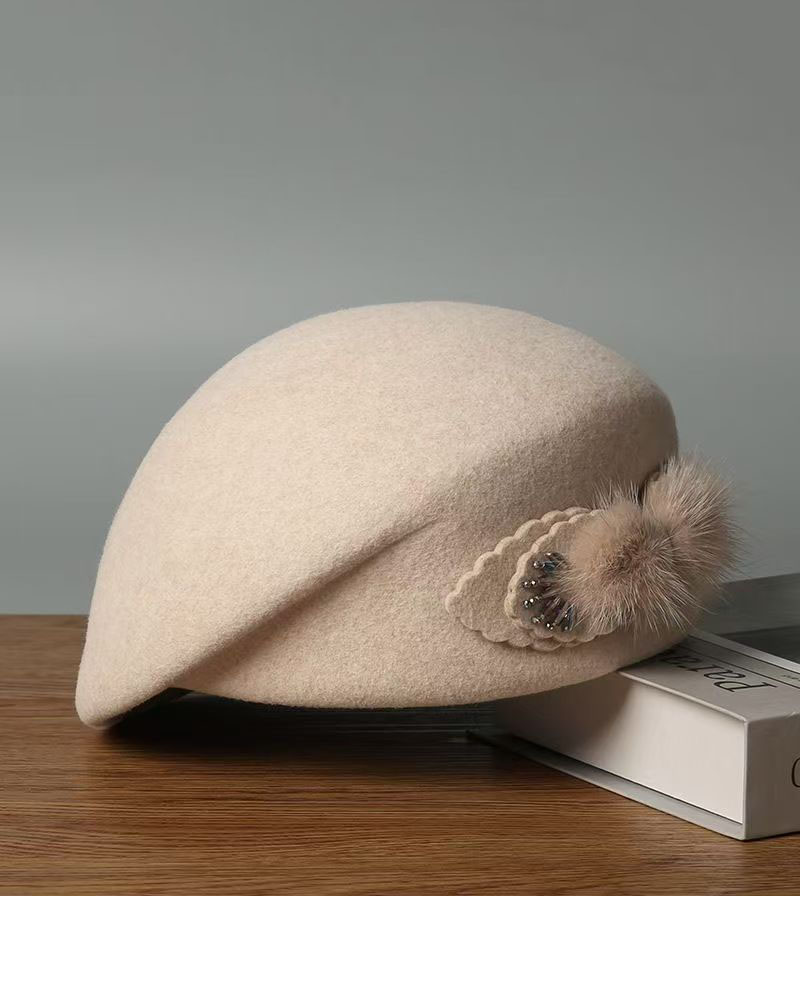View Embellished Wool Beret with Faux Fur Detail image 2
