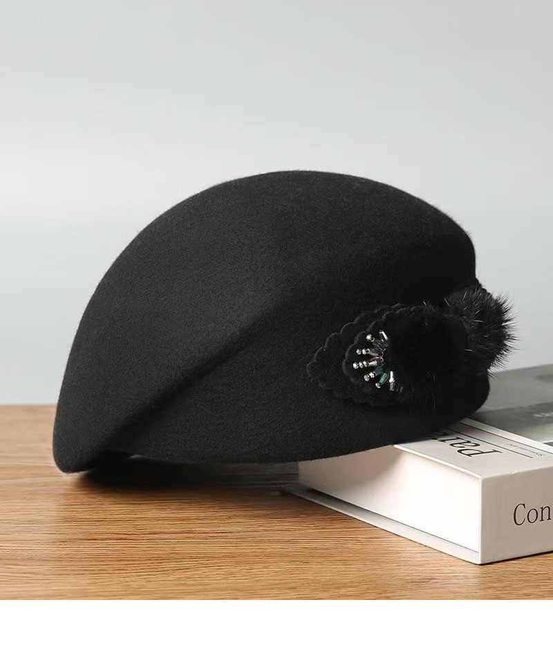 View Embellished Wool Beret with Faux Fur Detail image 3
