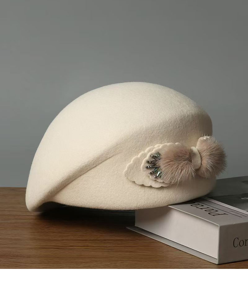 View Embellished Wool Beret with Faux Fur Detail image 4