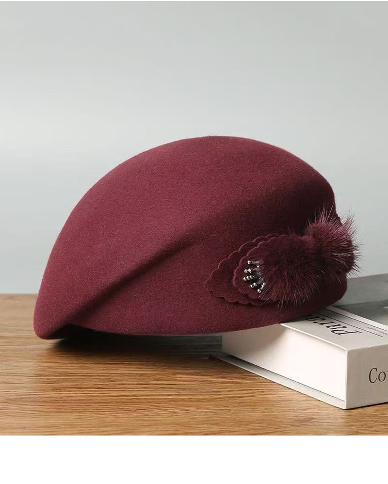 View Embellished Wool Beret with Faux Fur Detail image 5