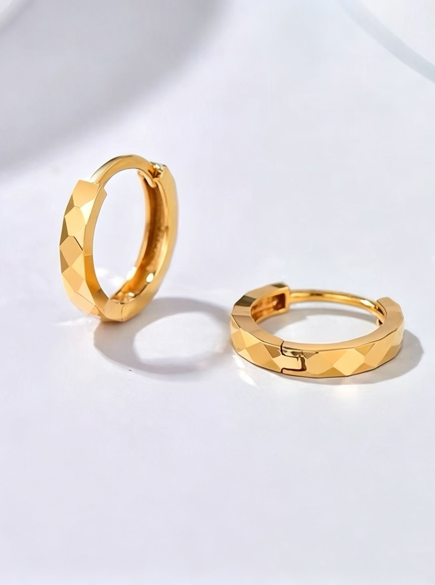 View Faceted Titanium Steel Gold Huggie Hoop Earrings image 2