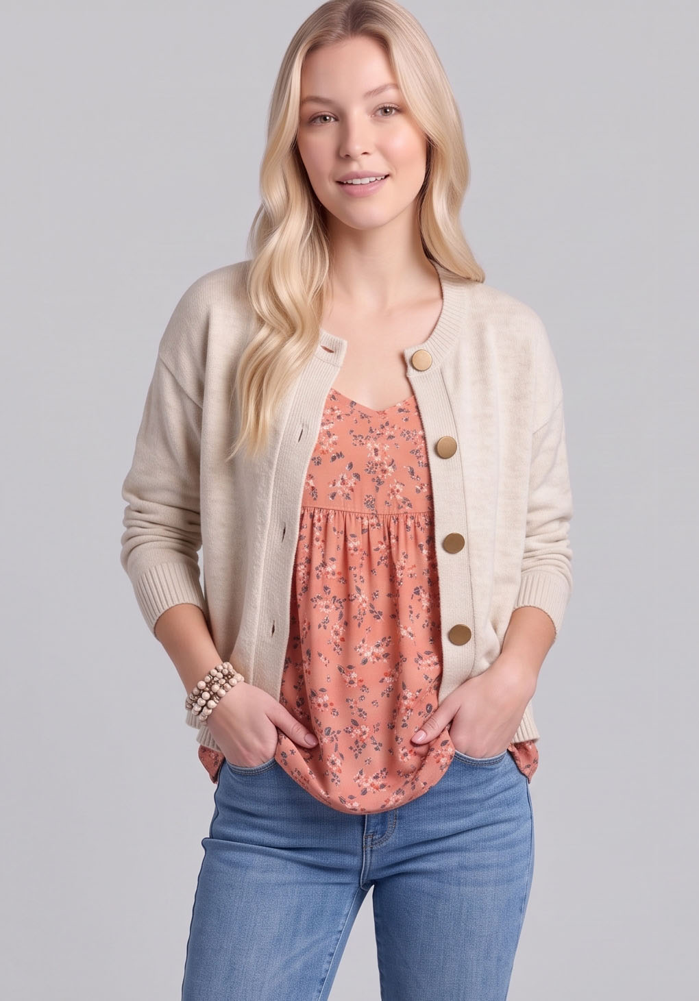 Relaxed Button-Front Crewneck Cardigan