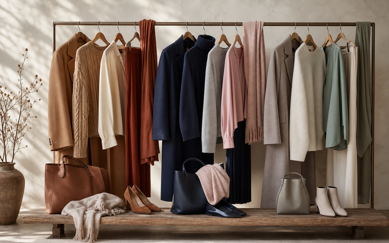 Three coordinated clothing colour stories in warm, cool and neutral tones on a garment rail