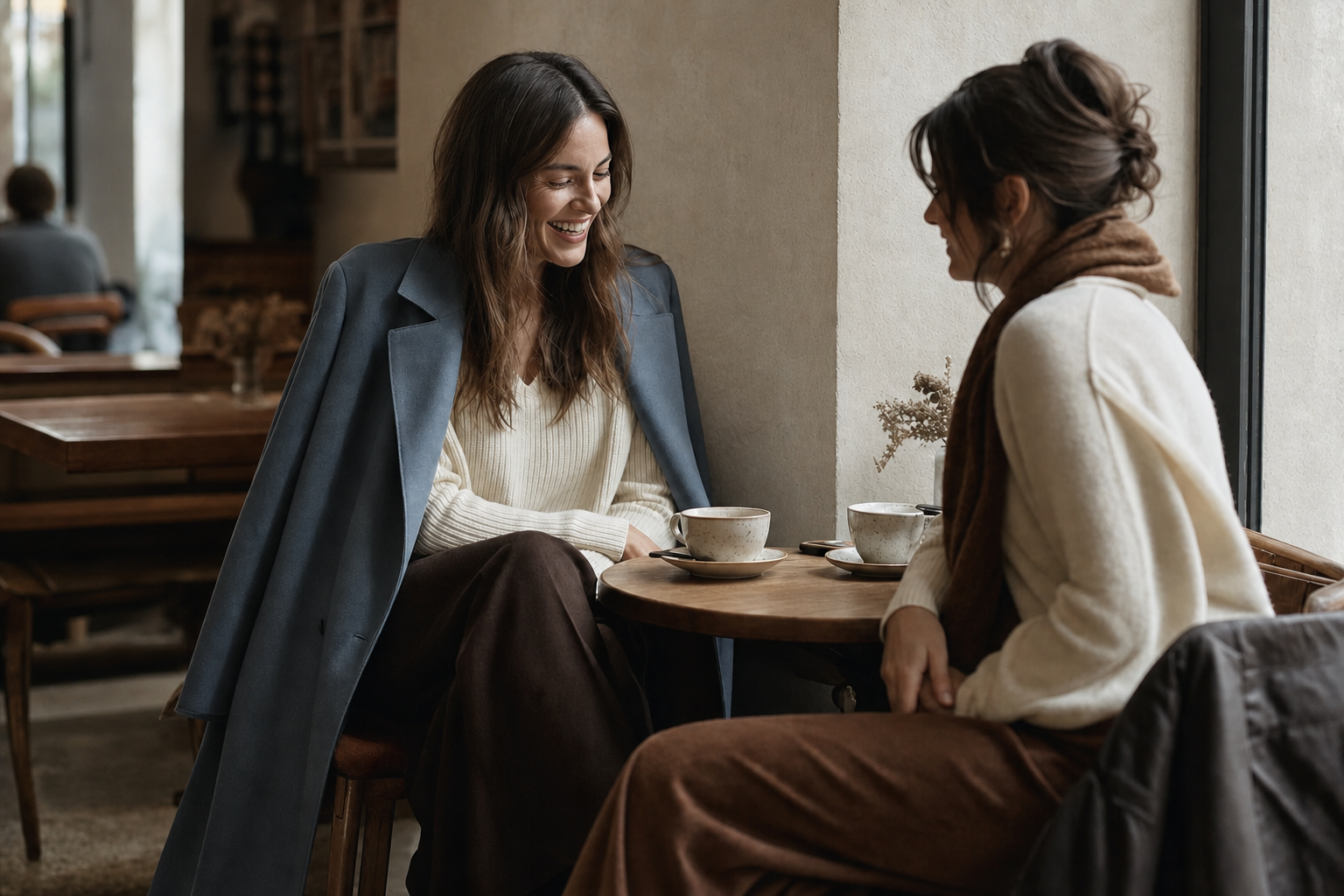 Two friends in neutral autumn outfits laughing over coffee in a city café