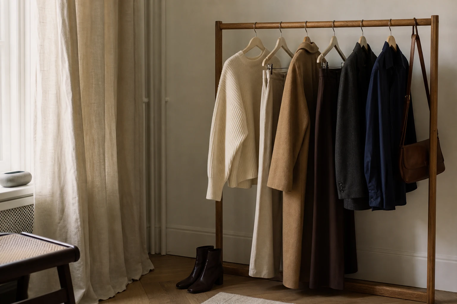An edited clothing rail in ivory, camel, chocolate, charcoal and navy