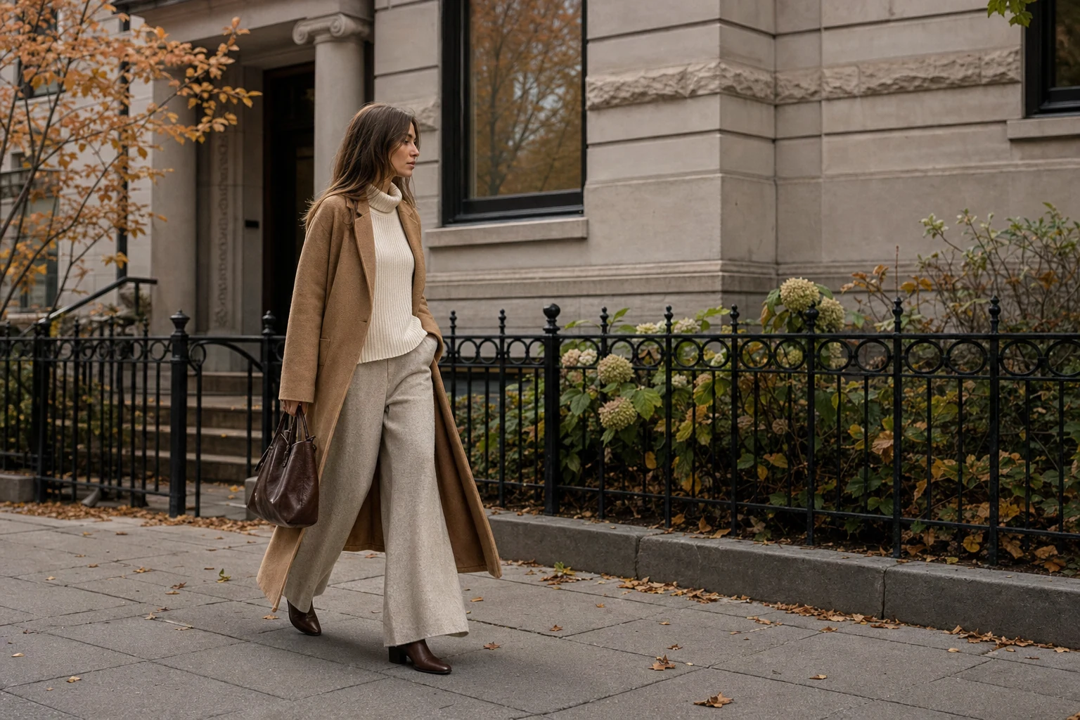 A woman in cream knitwear, oatmeal trousers, camel coat and dark brown leather accessories
