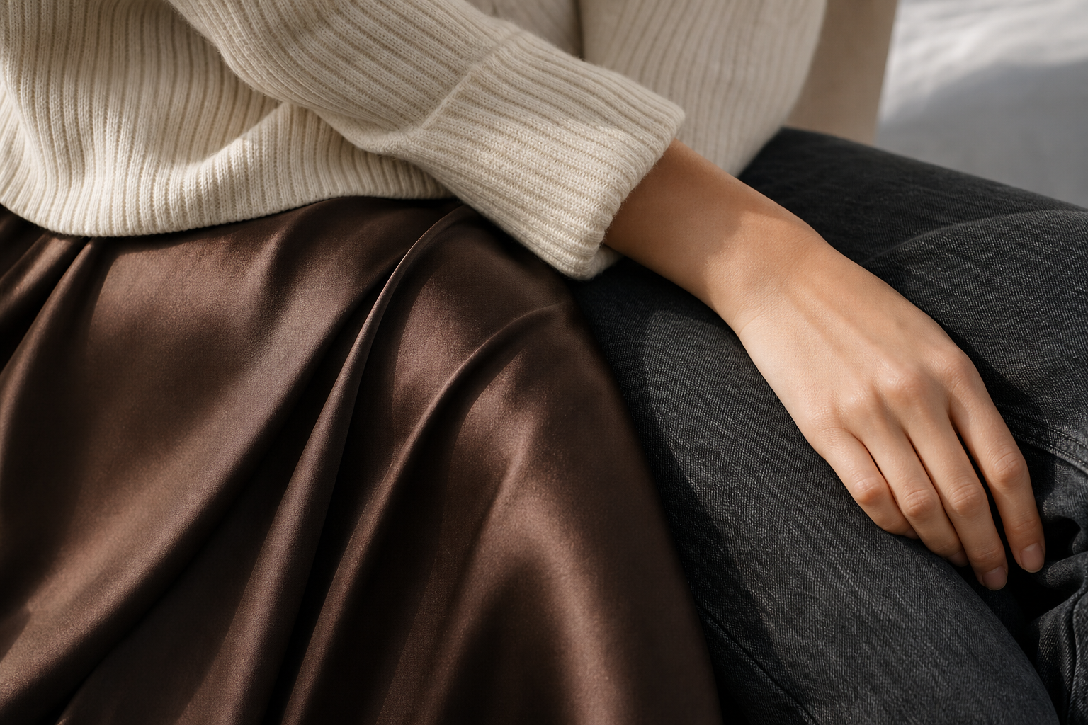 A woman testing how a cream knit moves in a warm fitting room