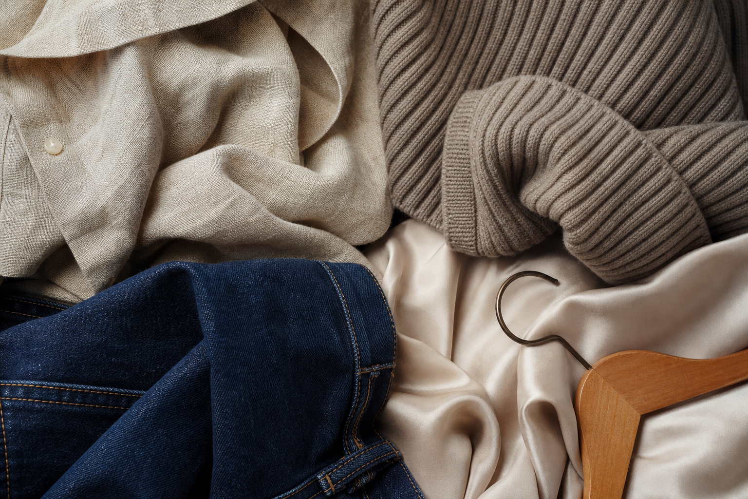 A tactile flat lay of linen, ribbed knit, denim and satin fabrics