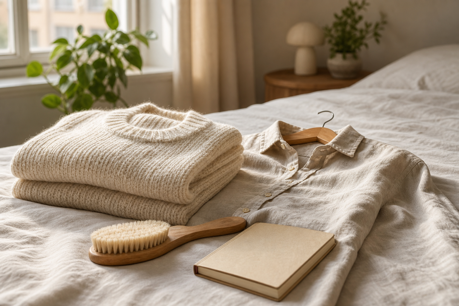 A calm wardrobe care scene with a folded knit and linen shirt
