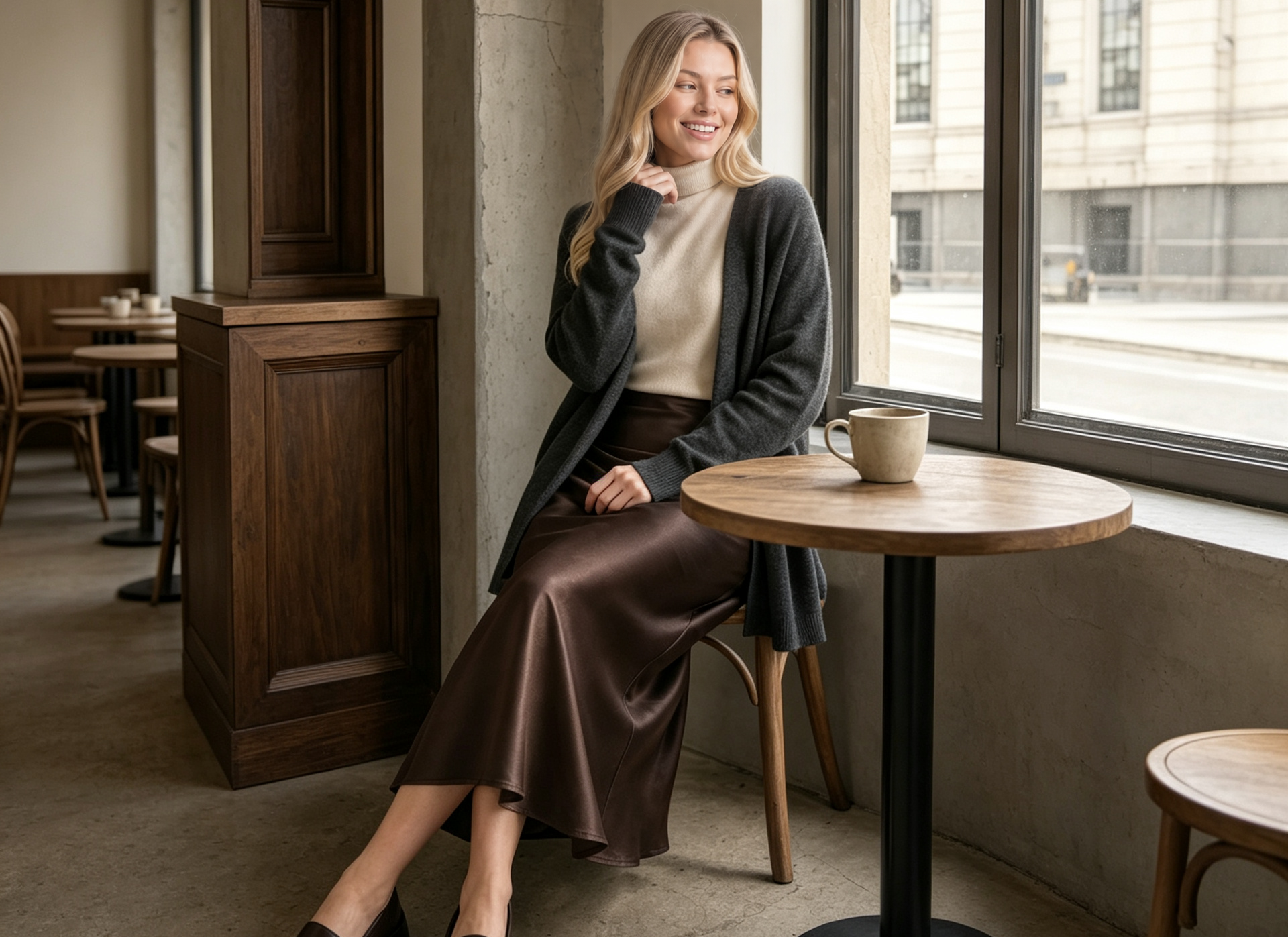 Woman in a brown satin skirt having coffee by a window