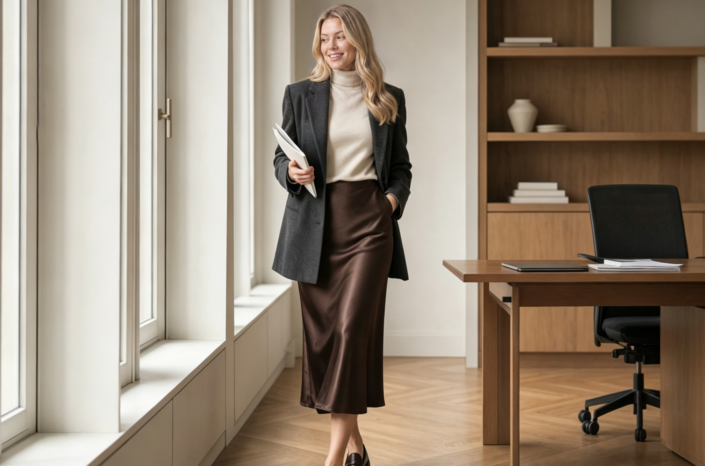 Woman wearing a brown satin midi skirt with a charcoal blazer in an office