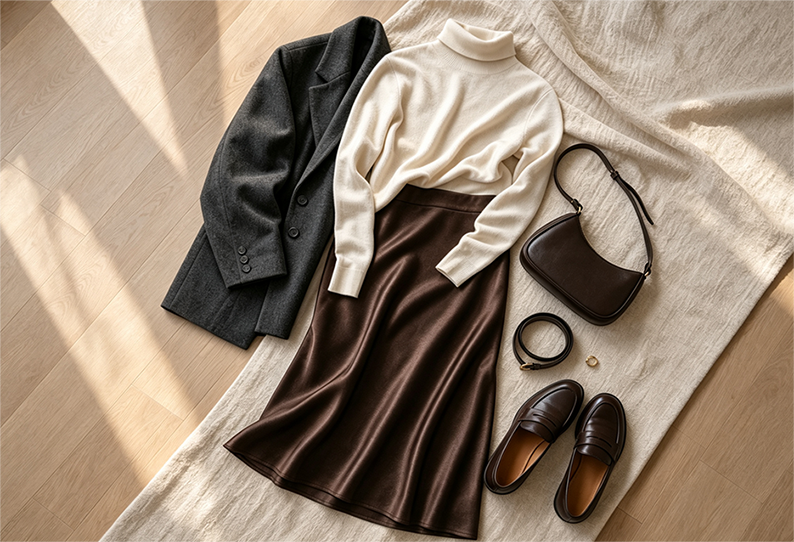 Flat lay of a brown satin skirt with a cream knit, charcoal blazer and brown accessories