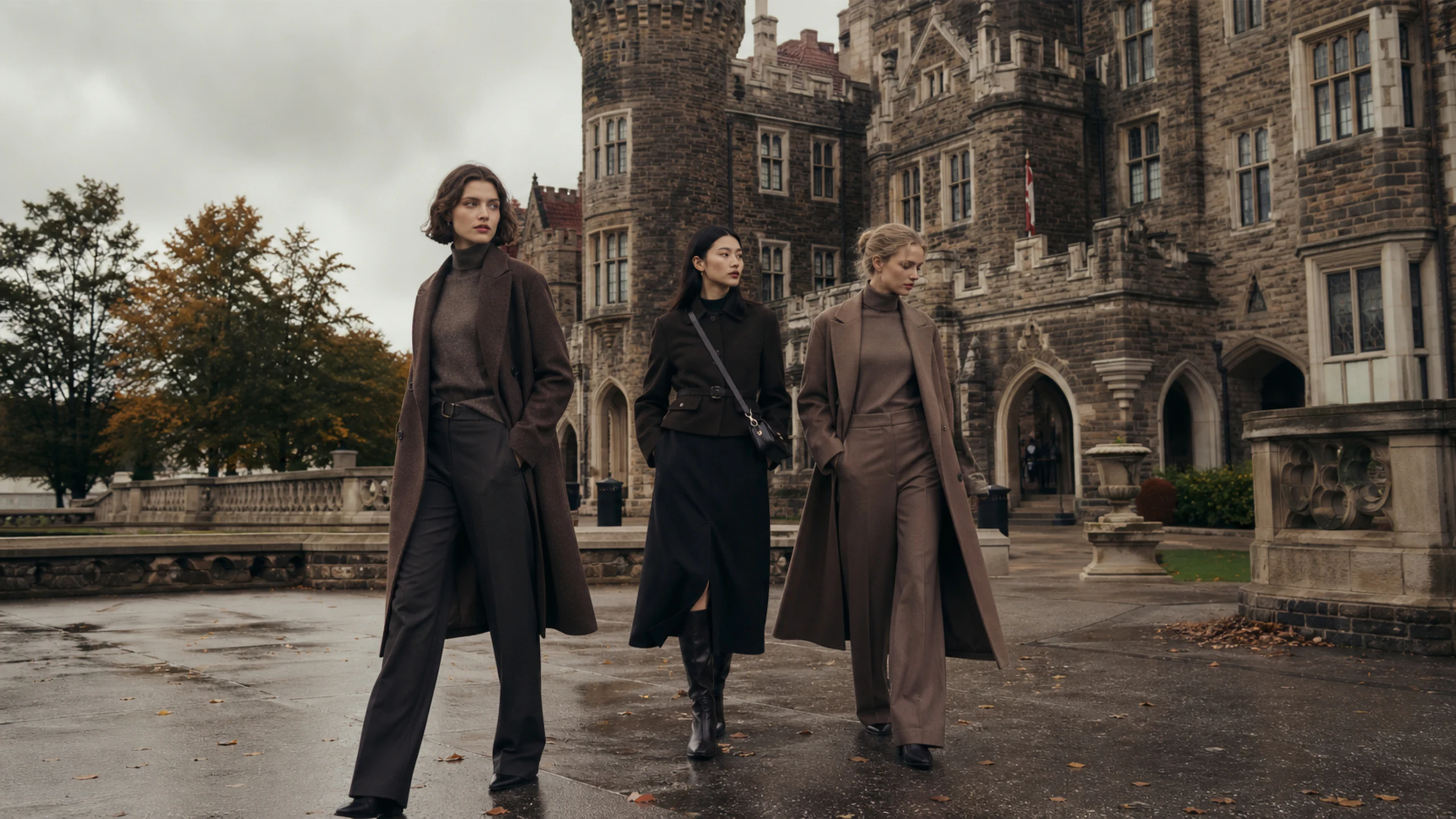Three women in tonal autumn layers outside a historic Toronto-inspired setting
