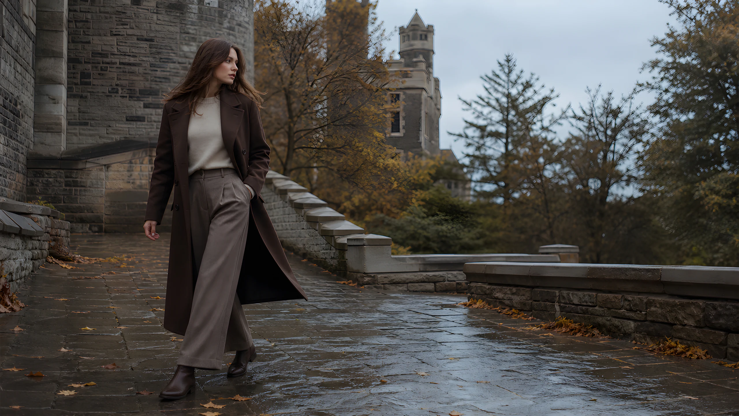 A brunette model walking beside historic stone architecture in a dark brown coat