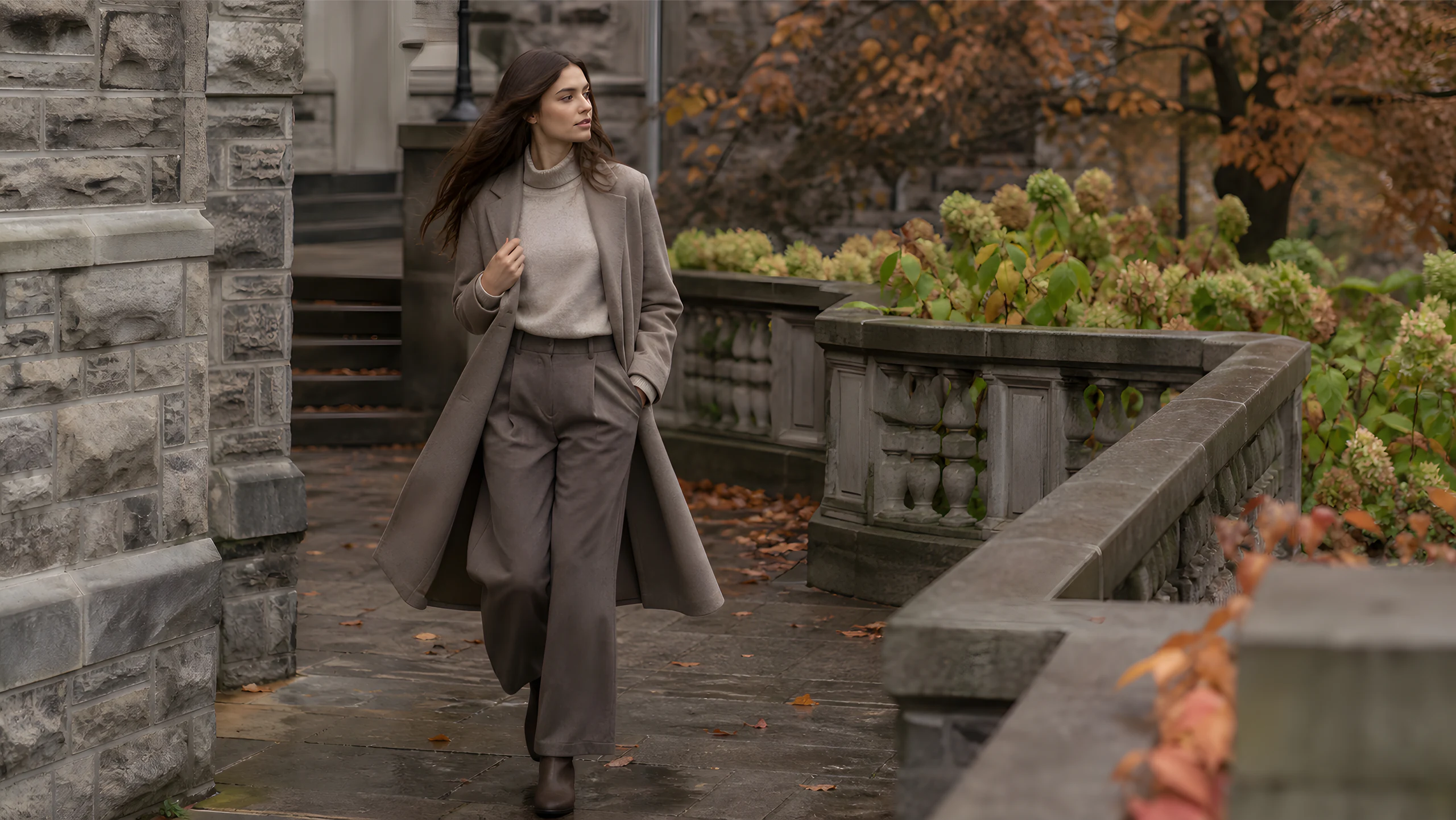 Brunette model in a taupe coat, knit and wide-leg trousers
