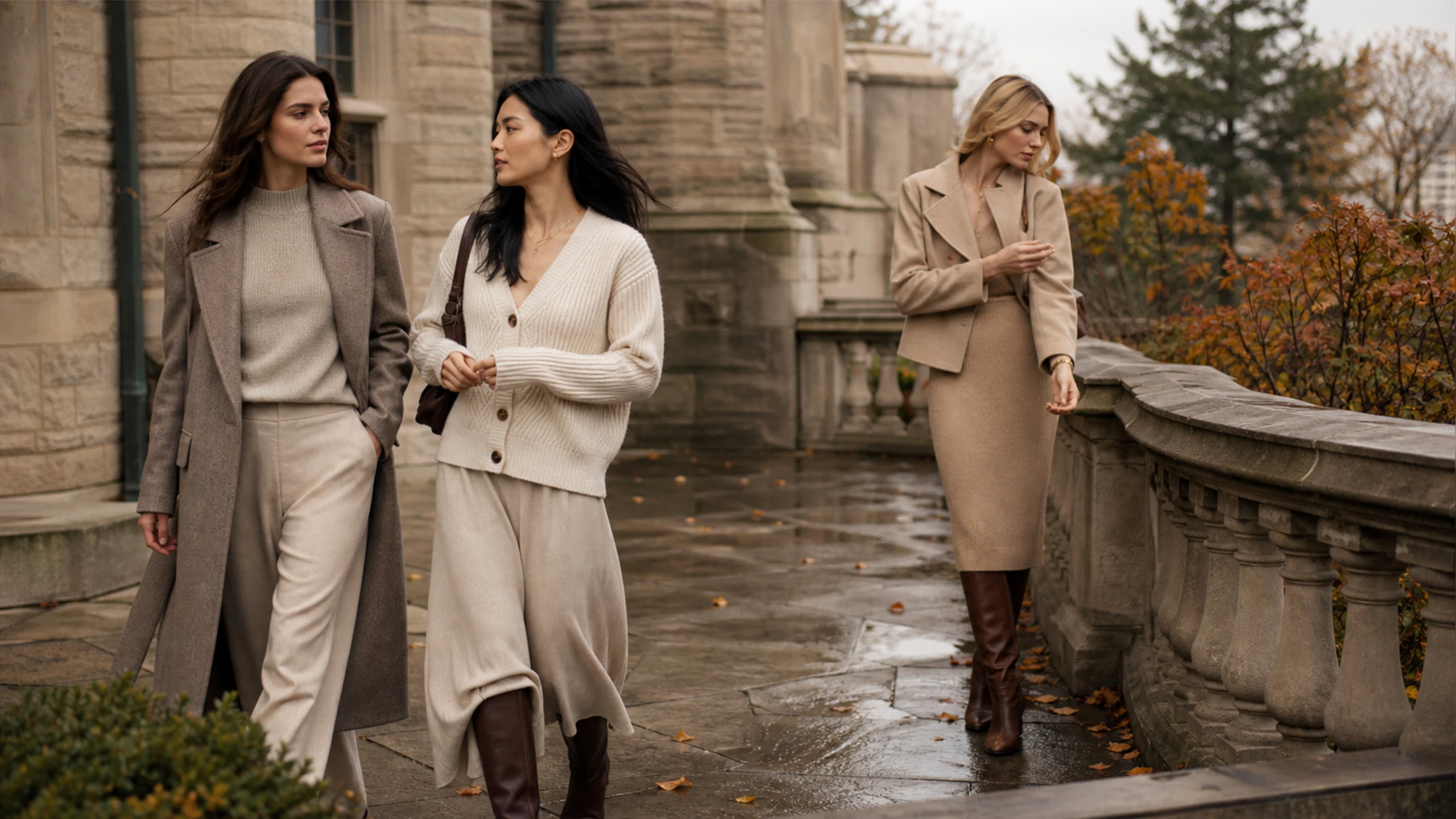 Three women walking together in coordinated neutral autumn layers