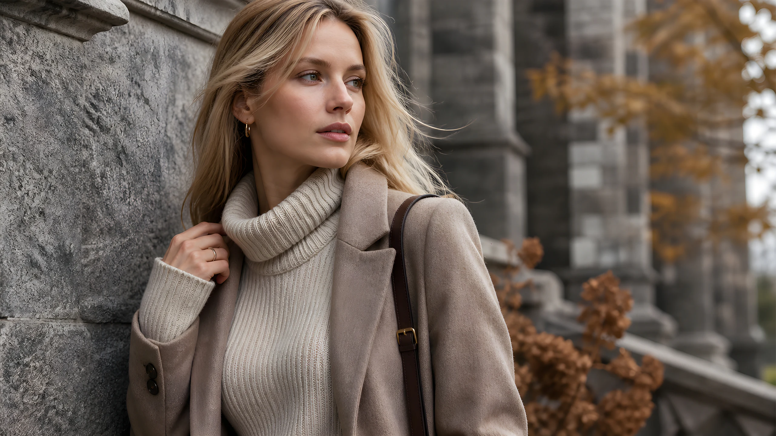 Close portrait of a blonde model in a ribbed knit and taupe wool coat