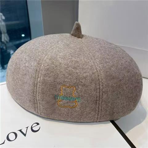 Bear Embroidered Wool Octagonal Painter Beret