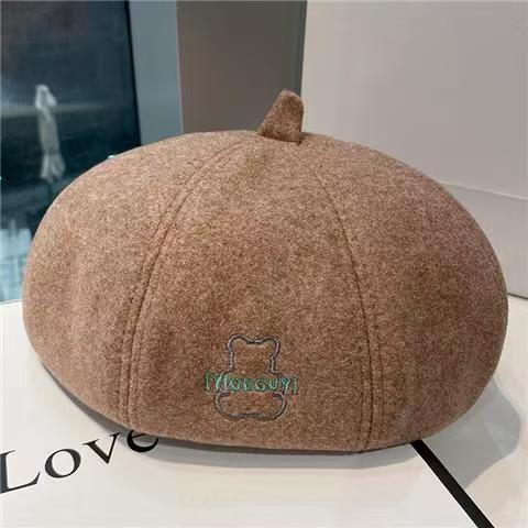 Bear Embroidered Wool Octagonal Painter Beret