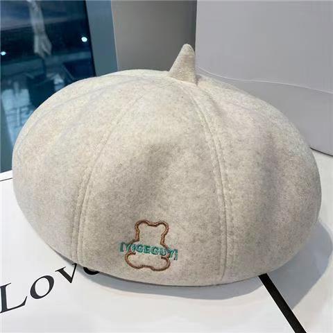 Bear Embroidered Wool Octagonal Painter Beret