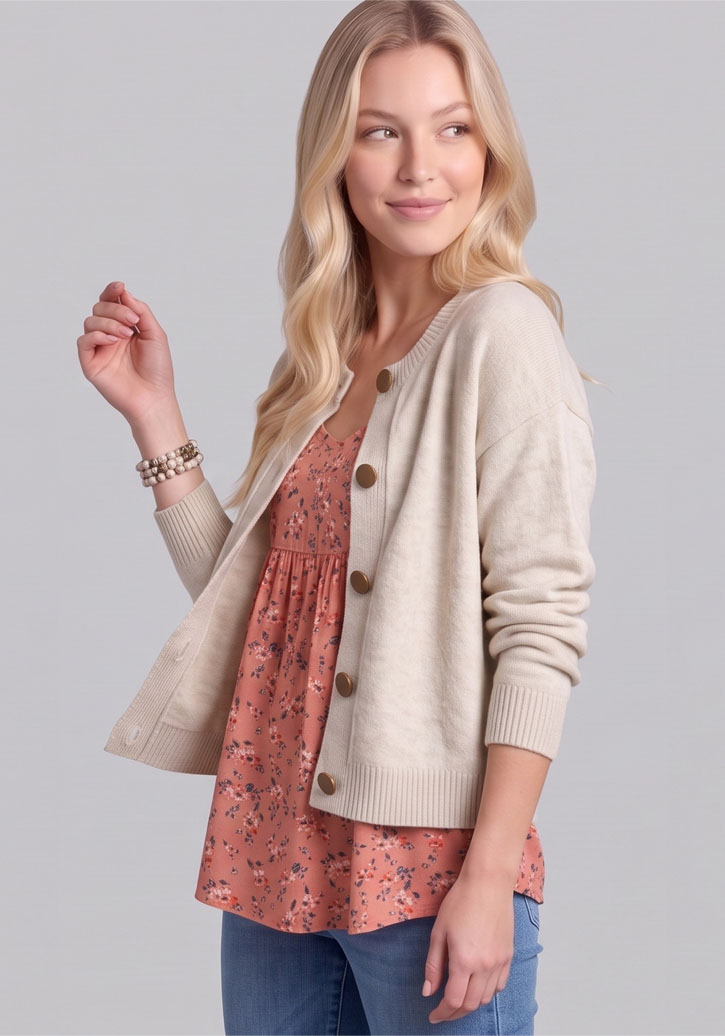 CK8001-Relaxed Button-Front Crewneck Cardigan