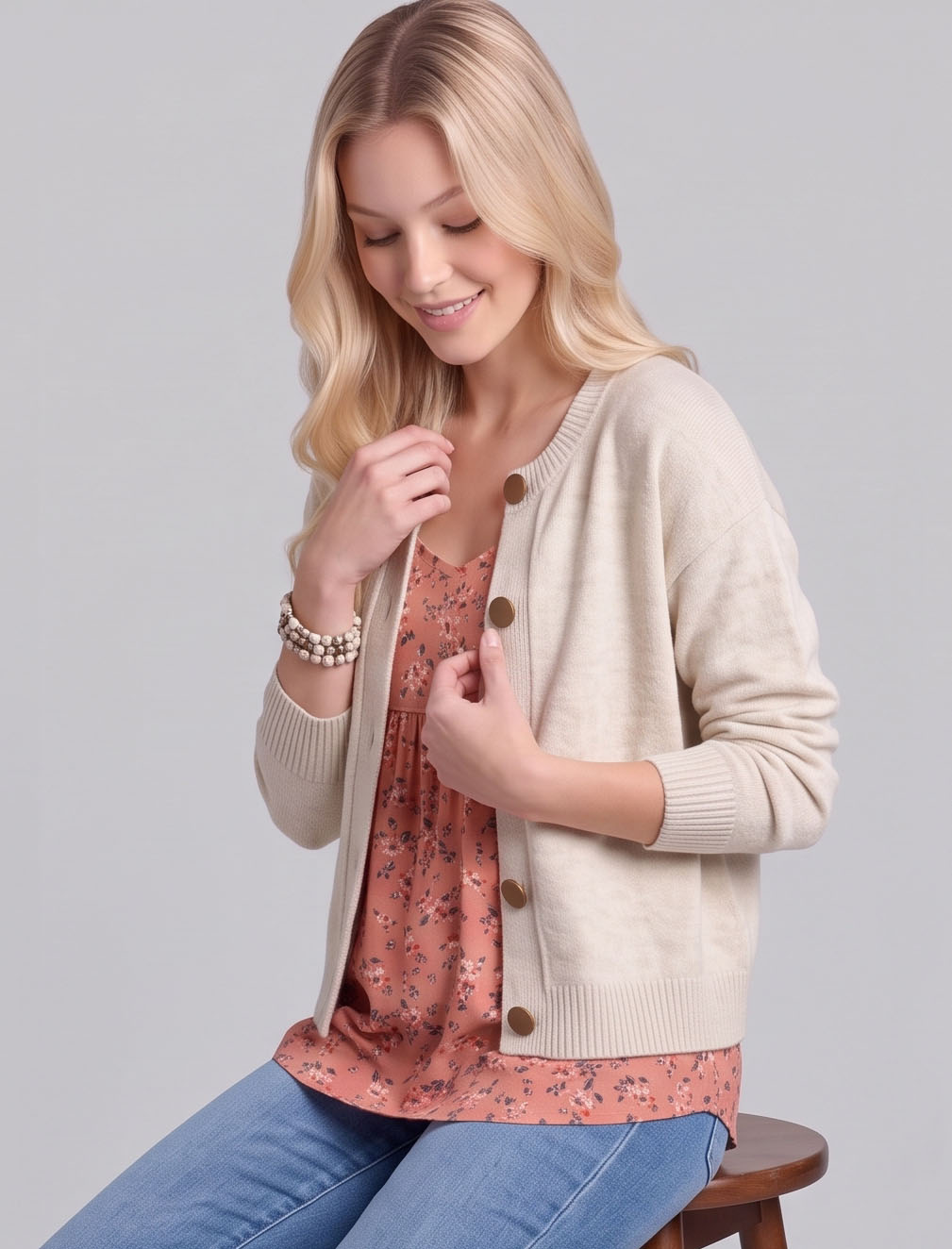 CK8001-Relaxed Button-Front Crewneck Cardigan