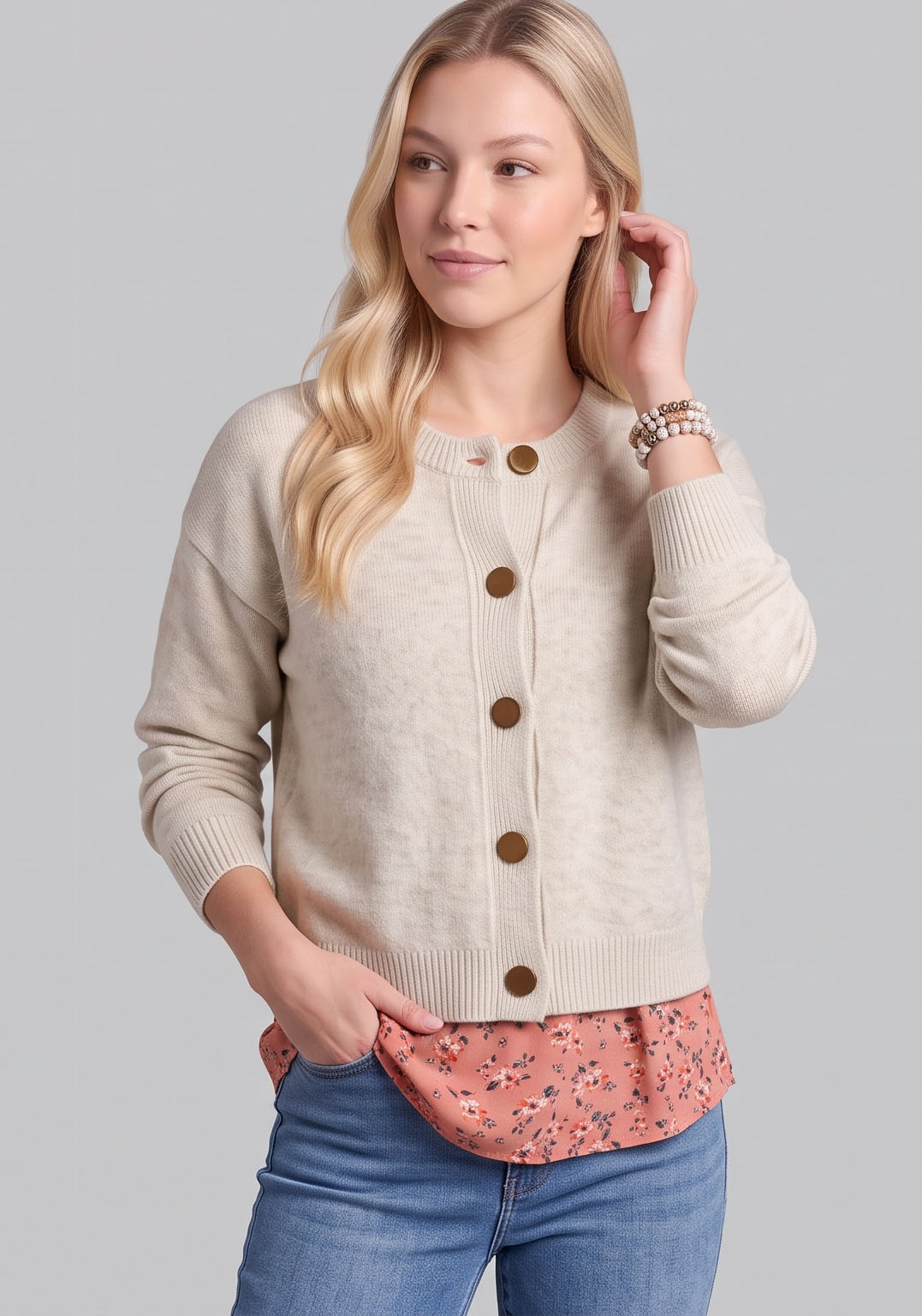 CK8001-Relaxed Button-Front Crewneck Cardigan