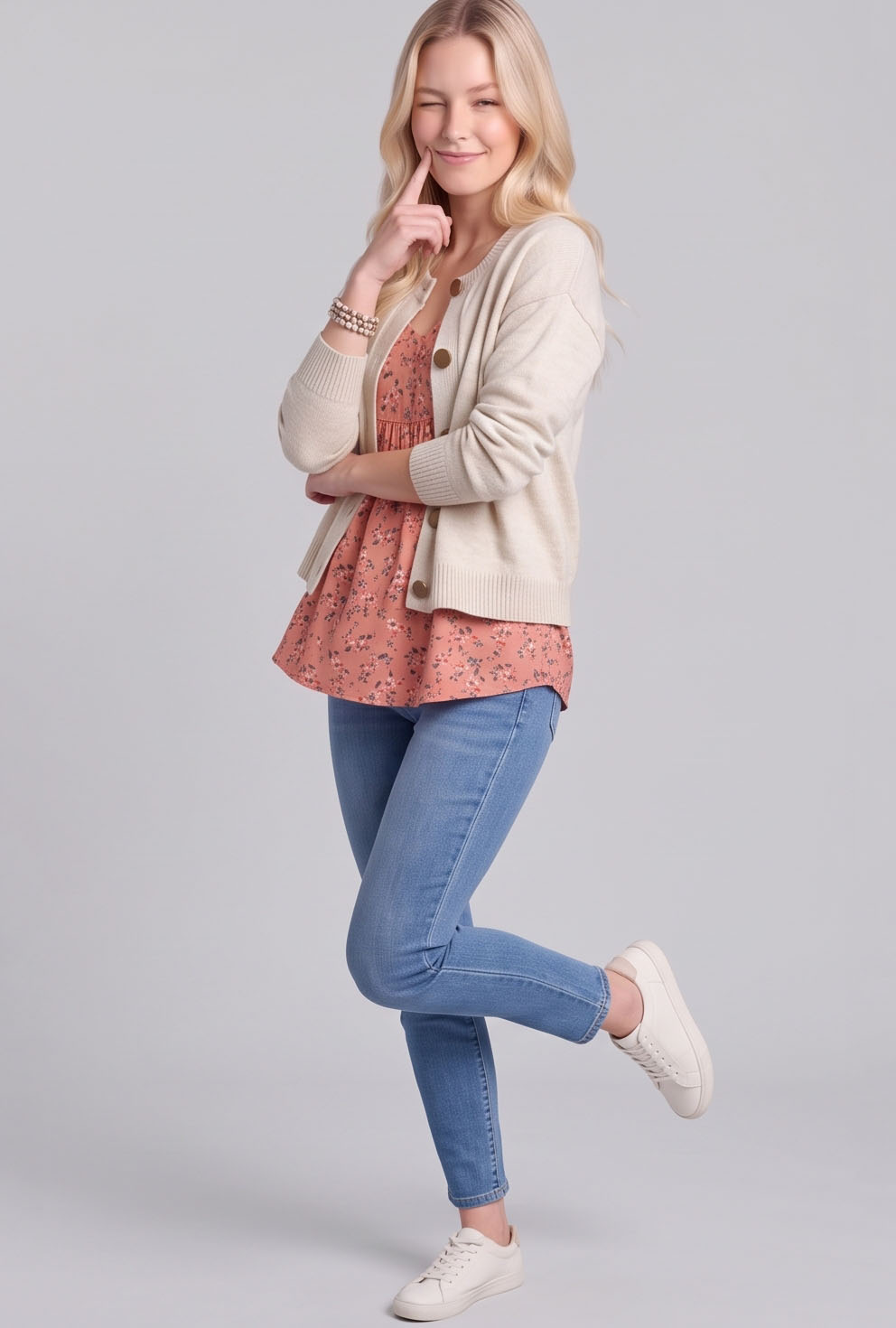 CK8001-Relaxed Button-Front Crewneck Cardigan