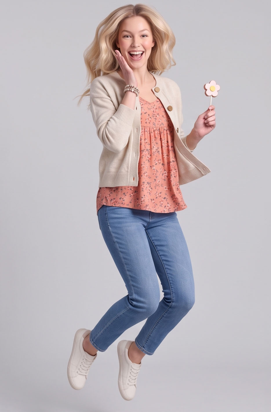 CK8001-Relaxed Button-Front Crewneck Cardigan
