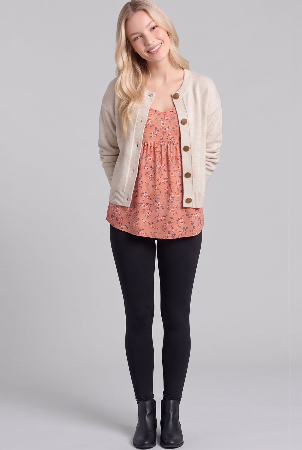CK8001-Relaxed Button-Front Crewneck Cardigan