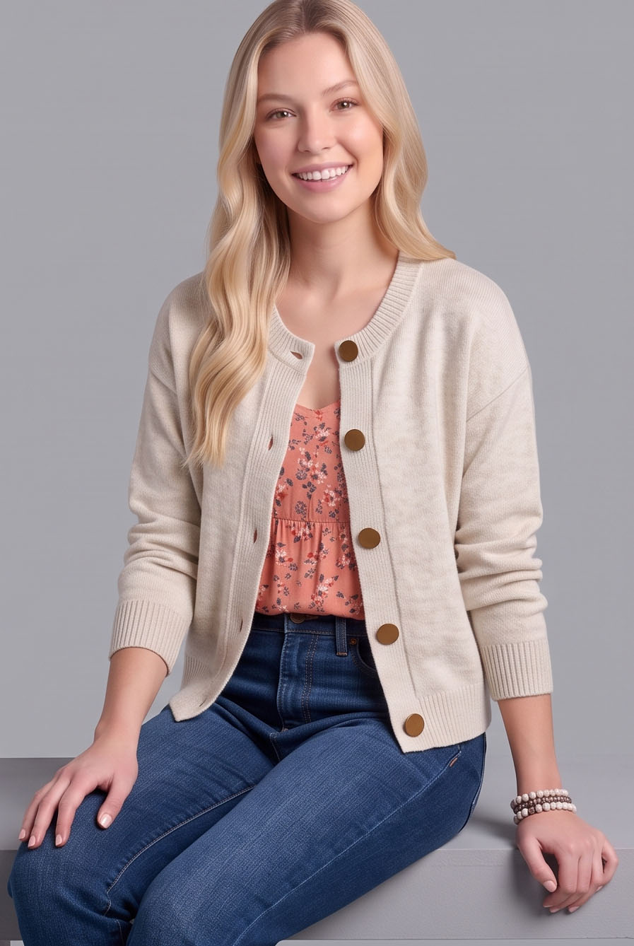 CK8001-Relaxed Button-Front Crewneck Cardigan