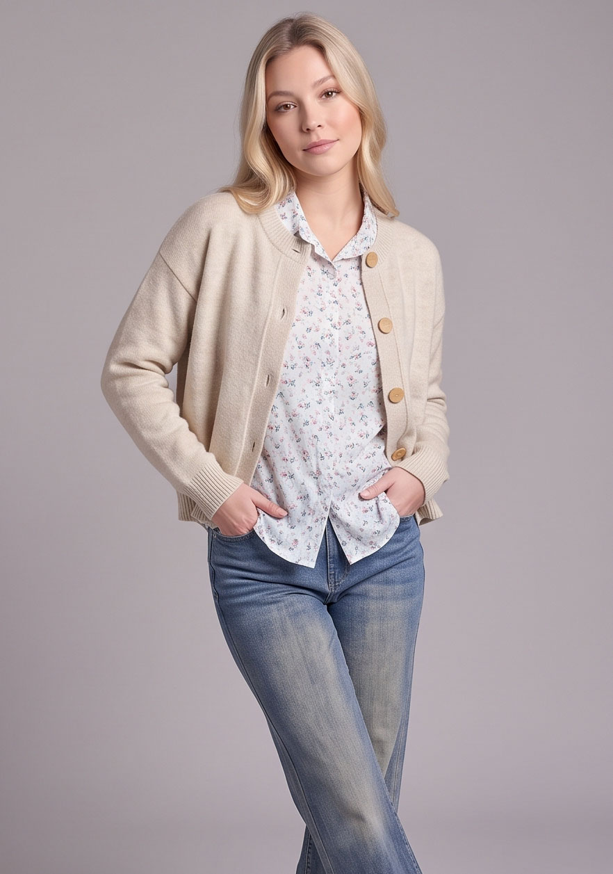 CK8001-Relaxed Button-Front Crewneck Cardigan