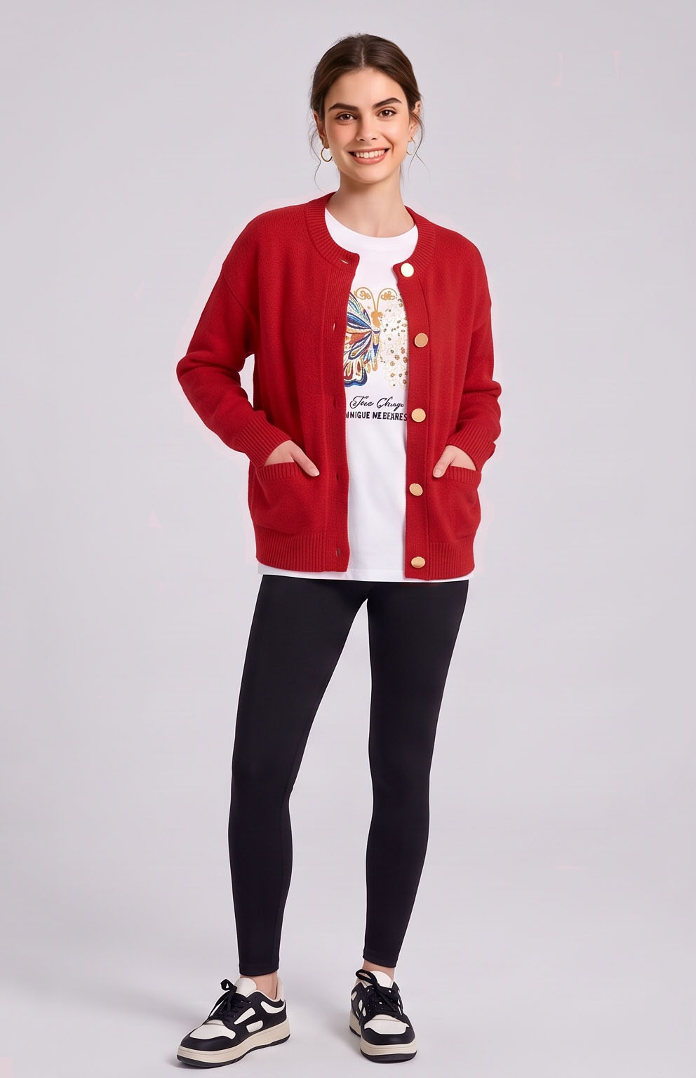 CK8001-Relaxed Button-Front Crewneck Cardigan
