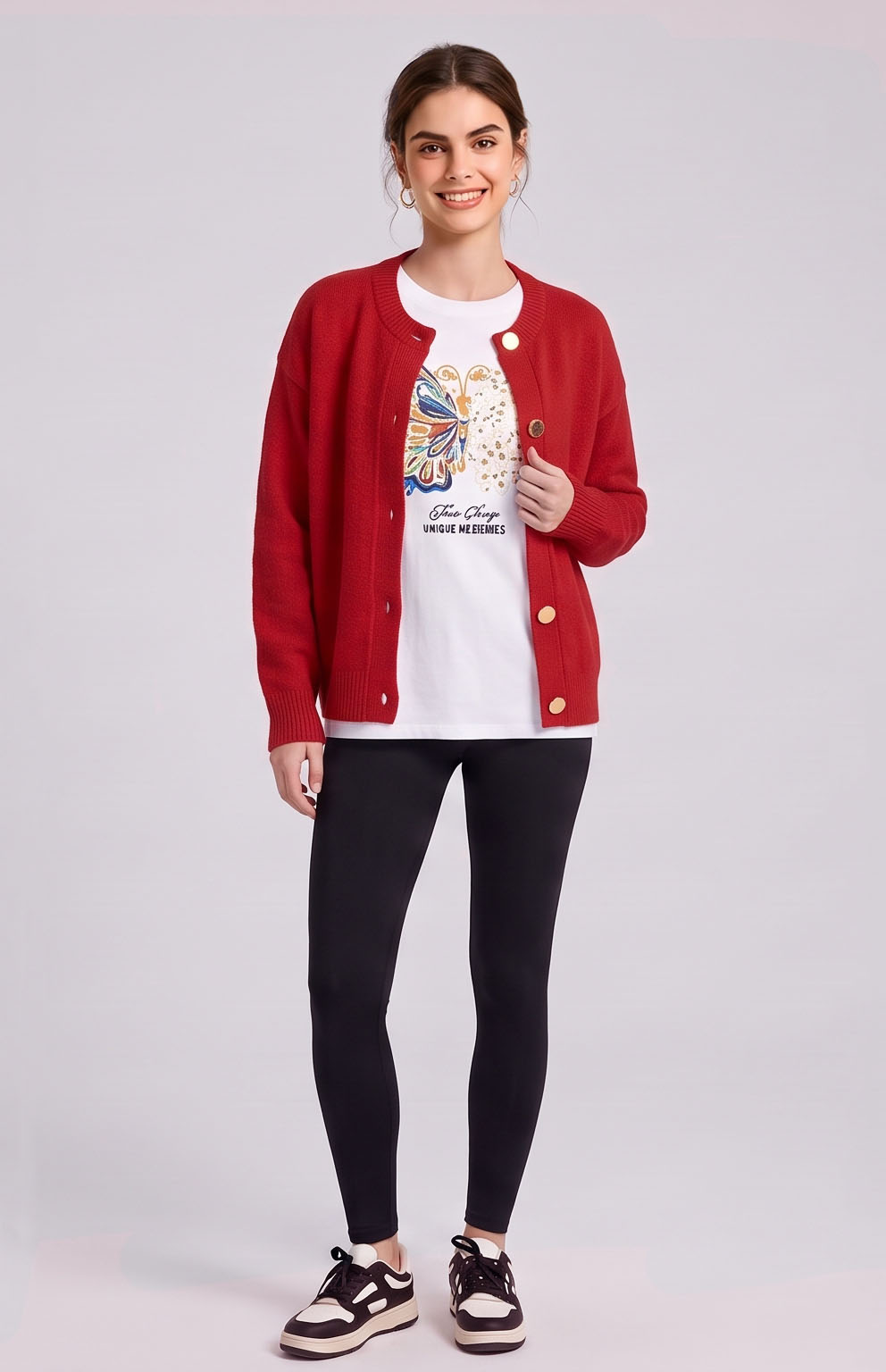 CK8001-Relaxed Button-Front Crewneck Cardigan
