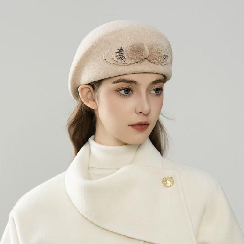 Embellished Wool Beret with Faux Fur Detail