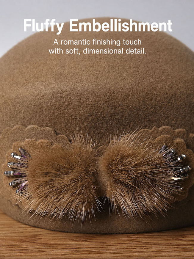 Embellished Wool Beret with Faux Fur Detail