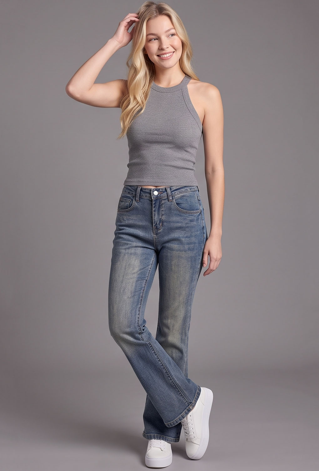JN8001-High-Rise Vintage Wash Subtle Flare Jeans