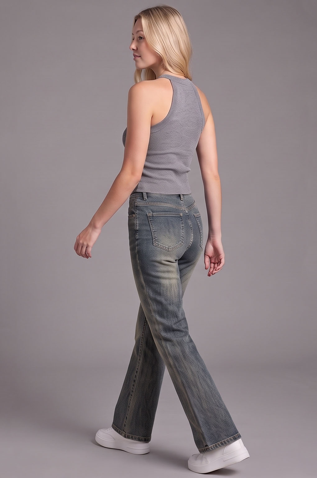 JN8001-High-Rise Vintage Wash Subtle Flare Jeans