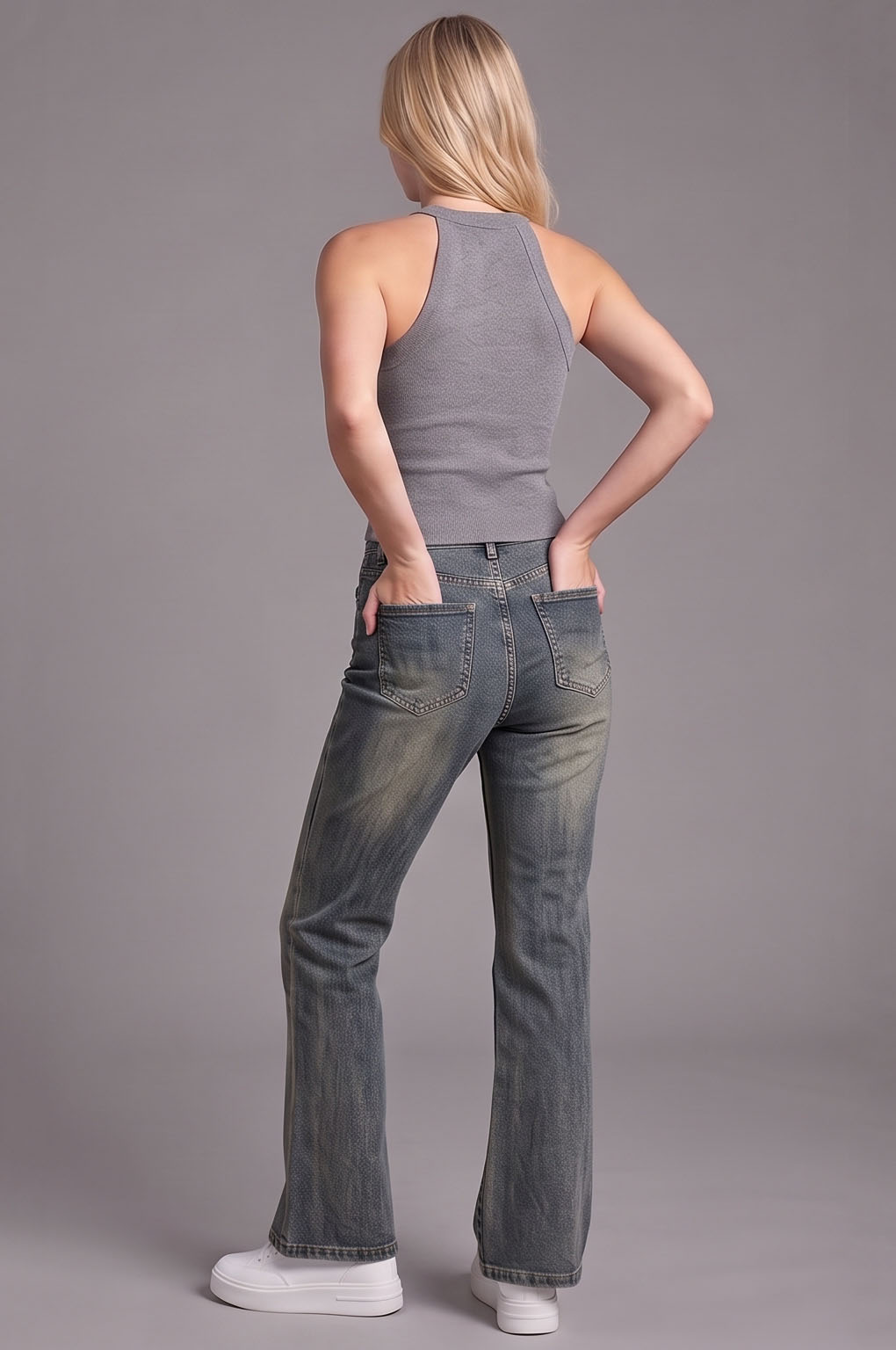 JN8001-High-Rise Vintage Wash Subtle Flare Jeans