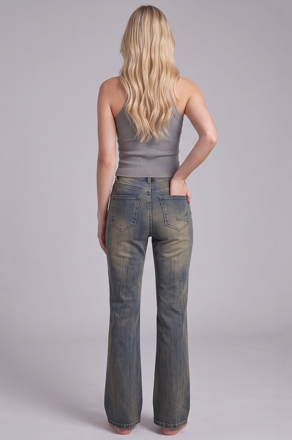 JN8001-High-Rise Vintage Wash Subtle Flare Jeans