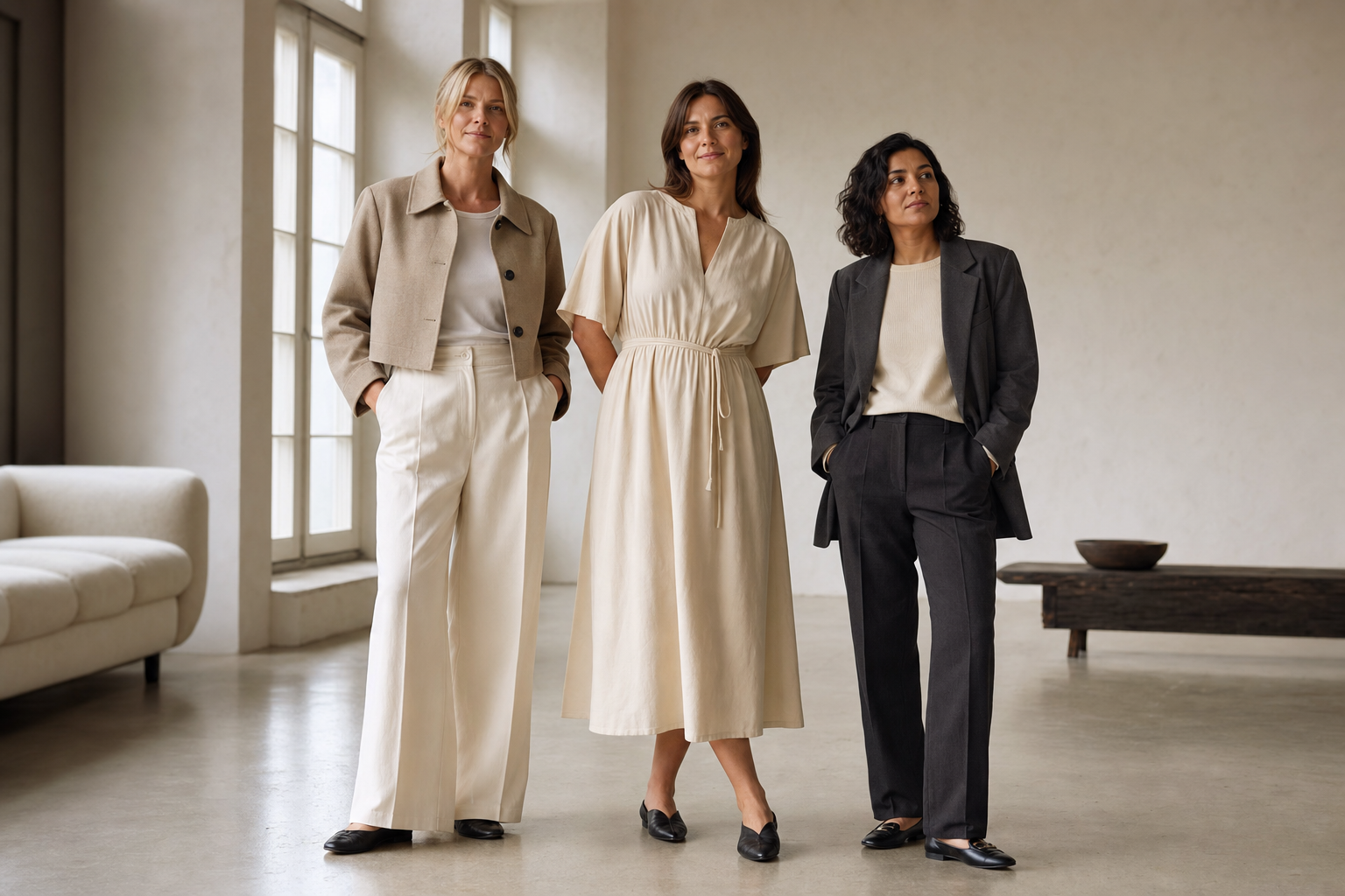Three women wearing relaxed, well-proportioned neutral outfits