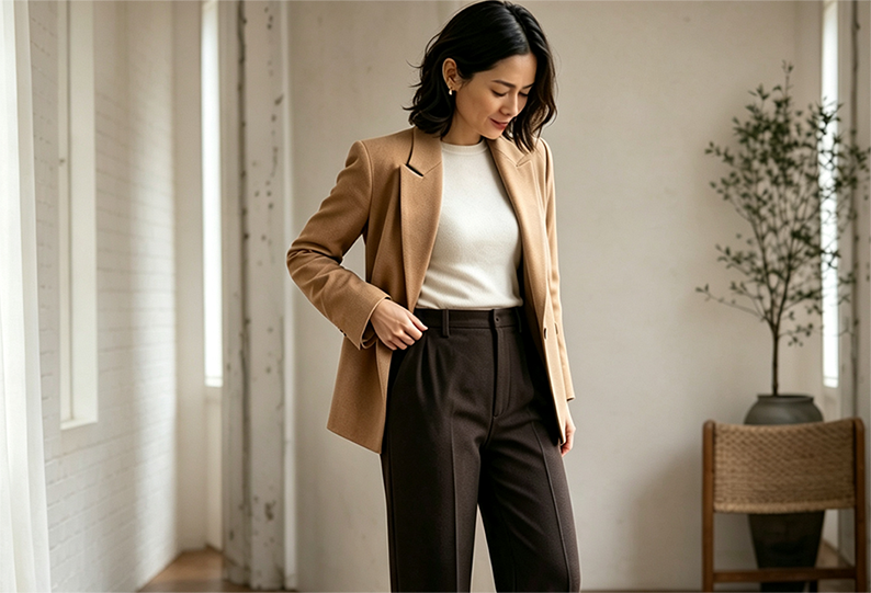 Woman adjusting a camel blazer over high-waisted dark trousers