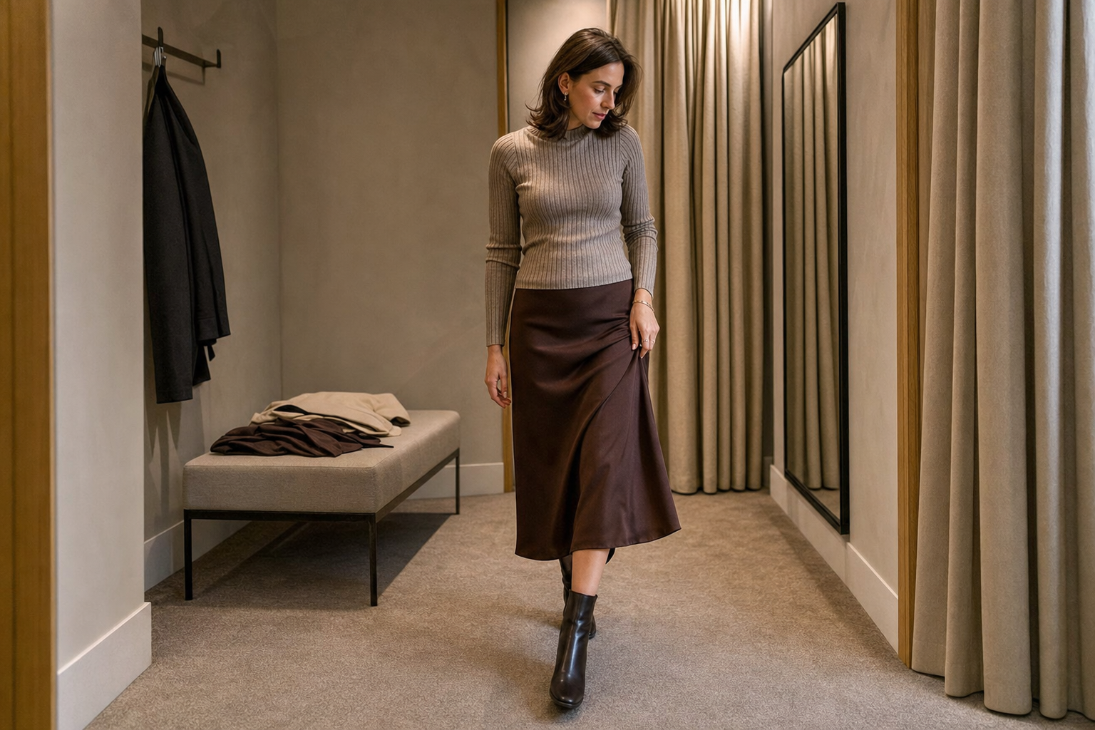 Woman taking a comfortable step in a quiet fitting room