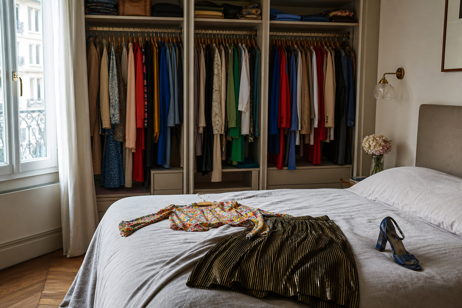 A real bedroom wardrobe full of mixed clothes beside a small, tidy pile of difficult pieces