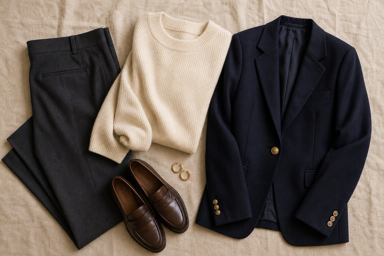 Three dependable wardrobe anchors: charcoal trousers, a cream knit, a navy blazer, brown loafers and gold hoops