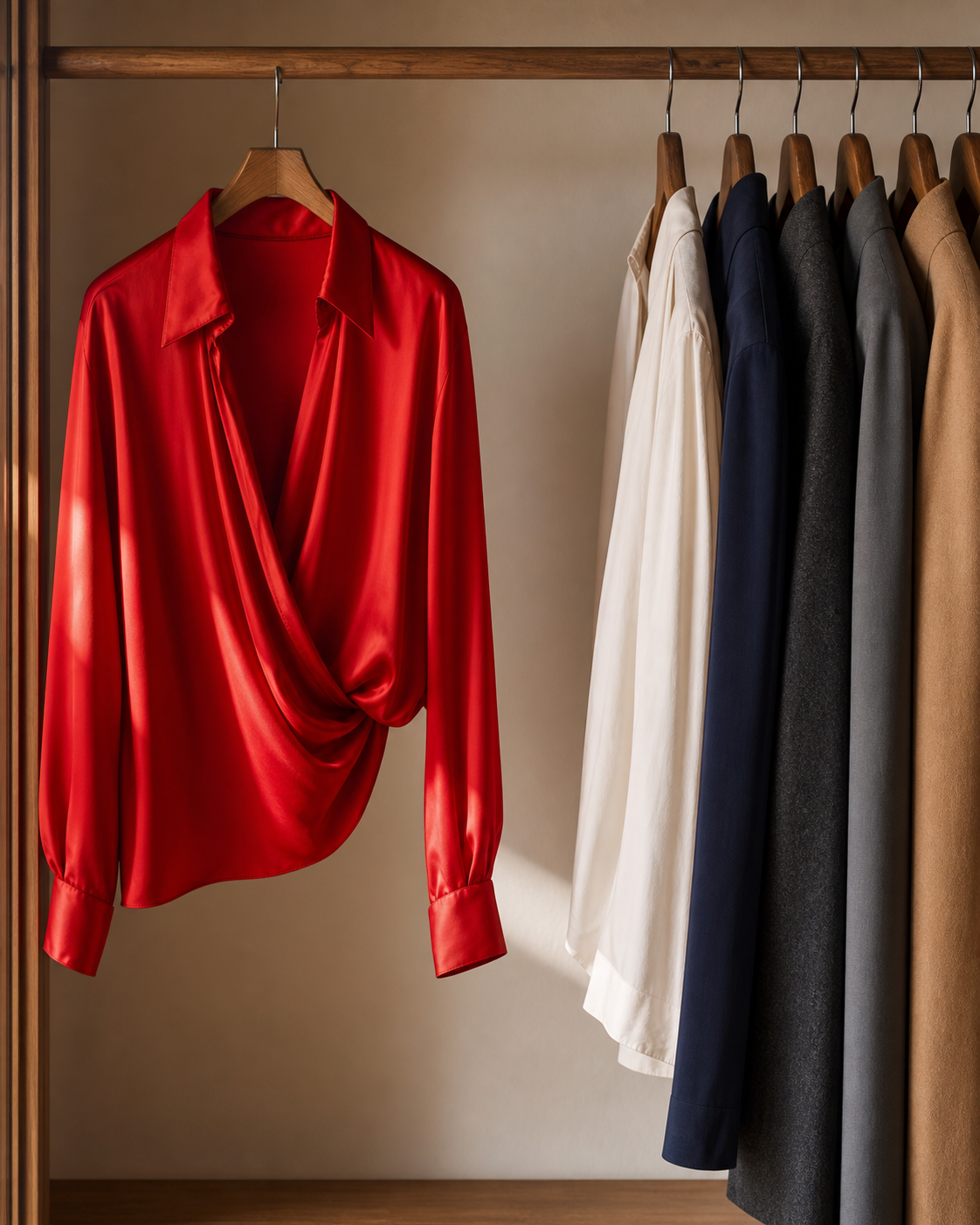 A vivid red satin blouse hanging slightly apart from an edited group of neutral clothes