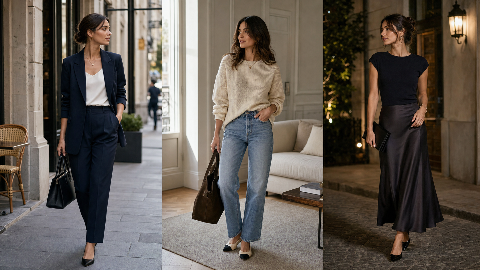 The same woman wearing three capsule wardrobe formulas for weekday, weekend and evening