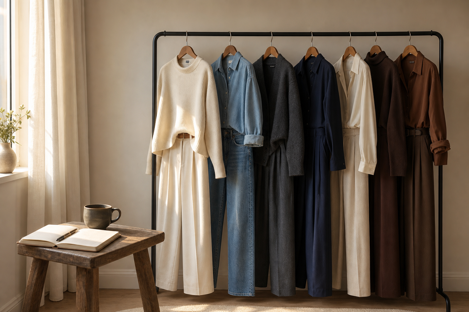 A calm seven-outfit wardrobe reset arranged on a rail with a notebook and coffee